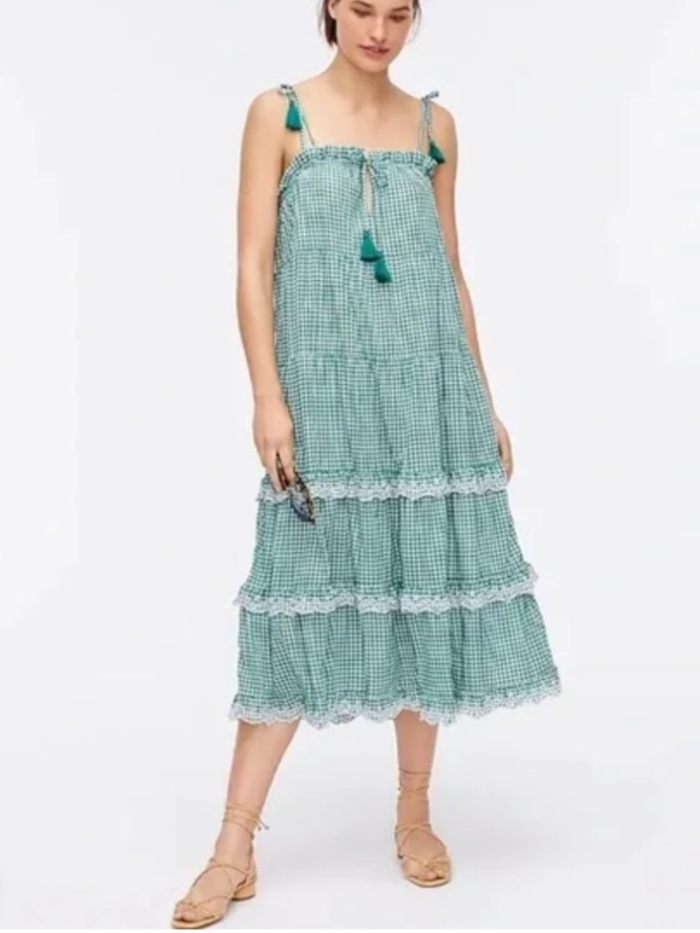 Green Gingham Tiered Midi Dress with Tassel Straps